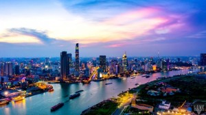 Aerial view of Ho Chi Minh City skyline at sunset